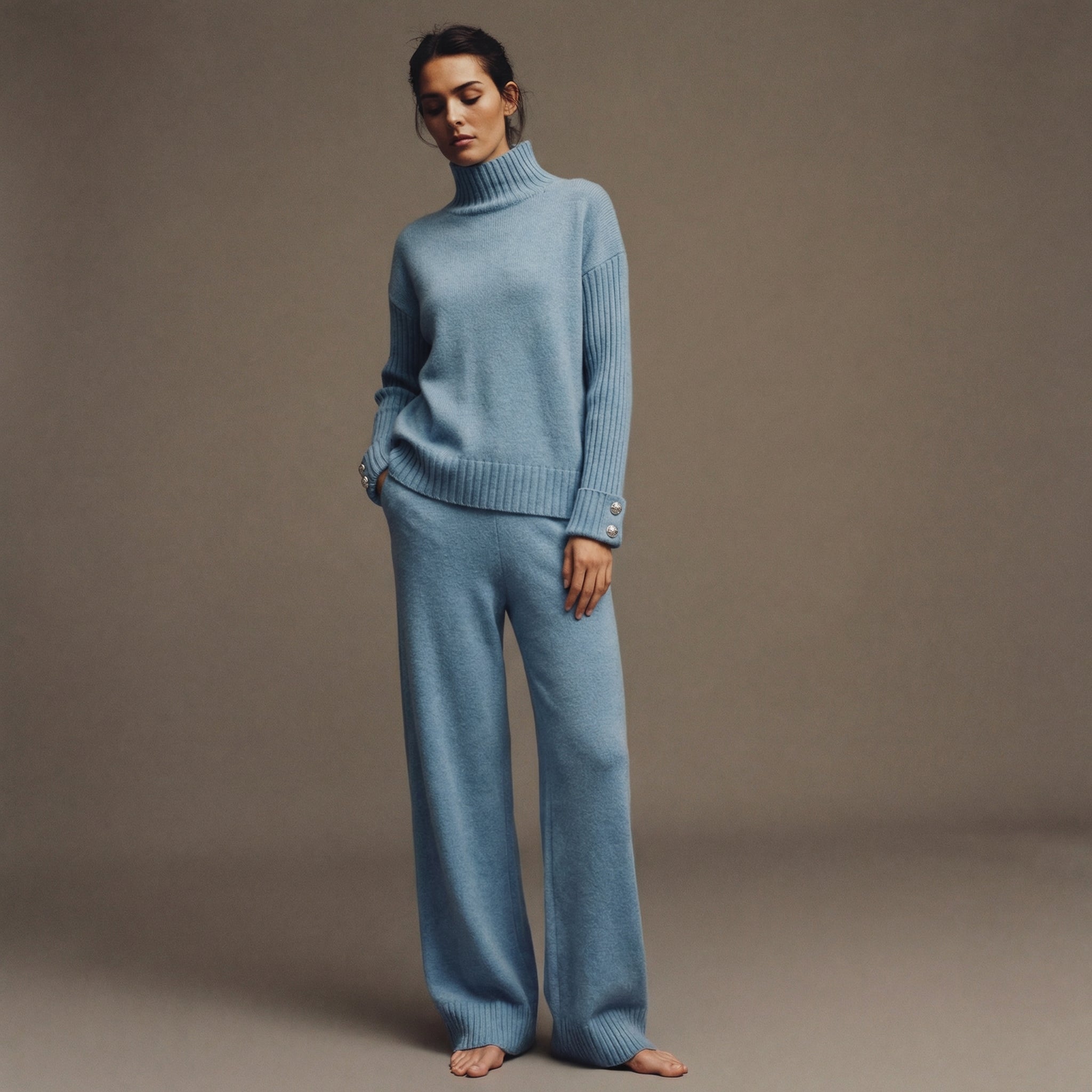 Modern Knit Lounge Set – Women’s Turtleneck & Wide-Leg Trousers