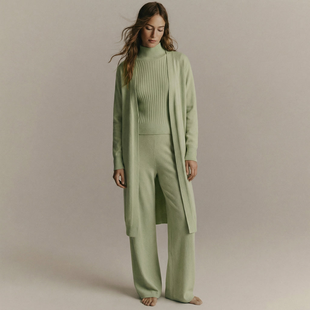 Women’s Green Ribbed Knit 3-Piece Lounge Set – Cardigan, Sweater & Trousers