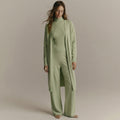 Women’s Green Ribbed Knit 3-Piece Lounge Set – Cardigan, Sweater & Trousers