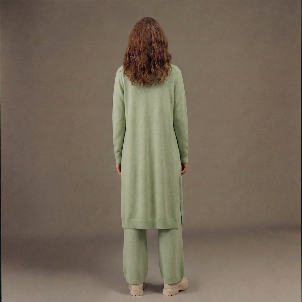 Women’s Green Ribbed Knit 3-Piece Lounge Set – Cardigan, Sweater & Trousers