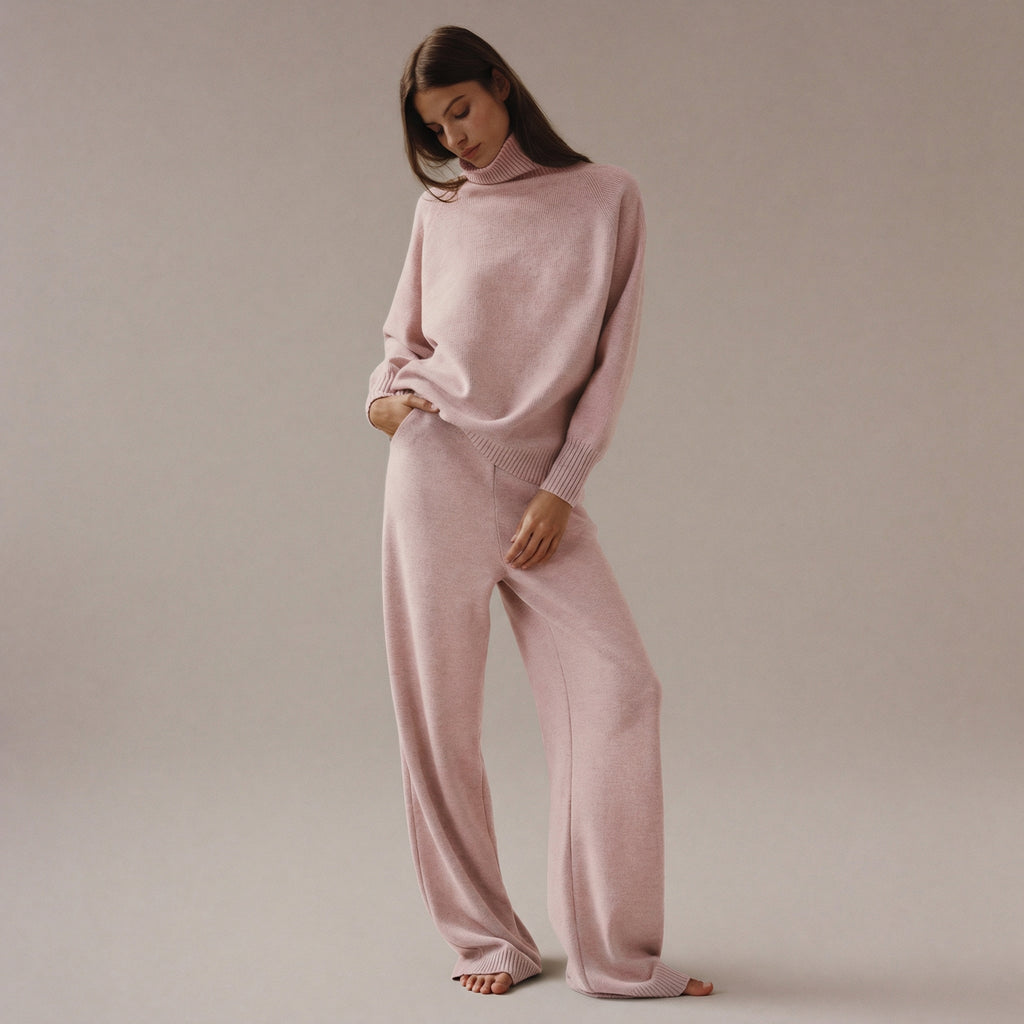 Women’s Soft Pink Turtleneck Lounge Set – Relaxed Sweater & Wide-Leg Trousers