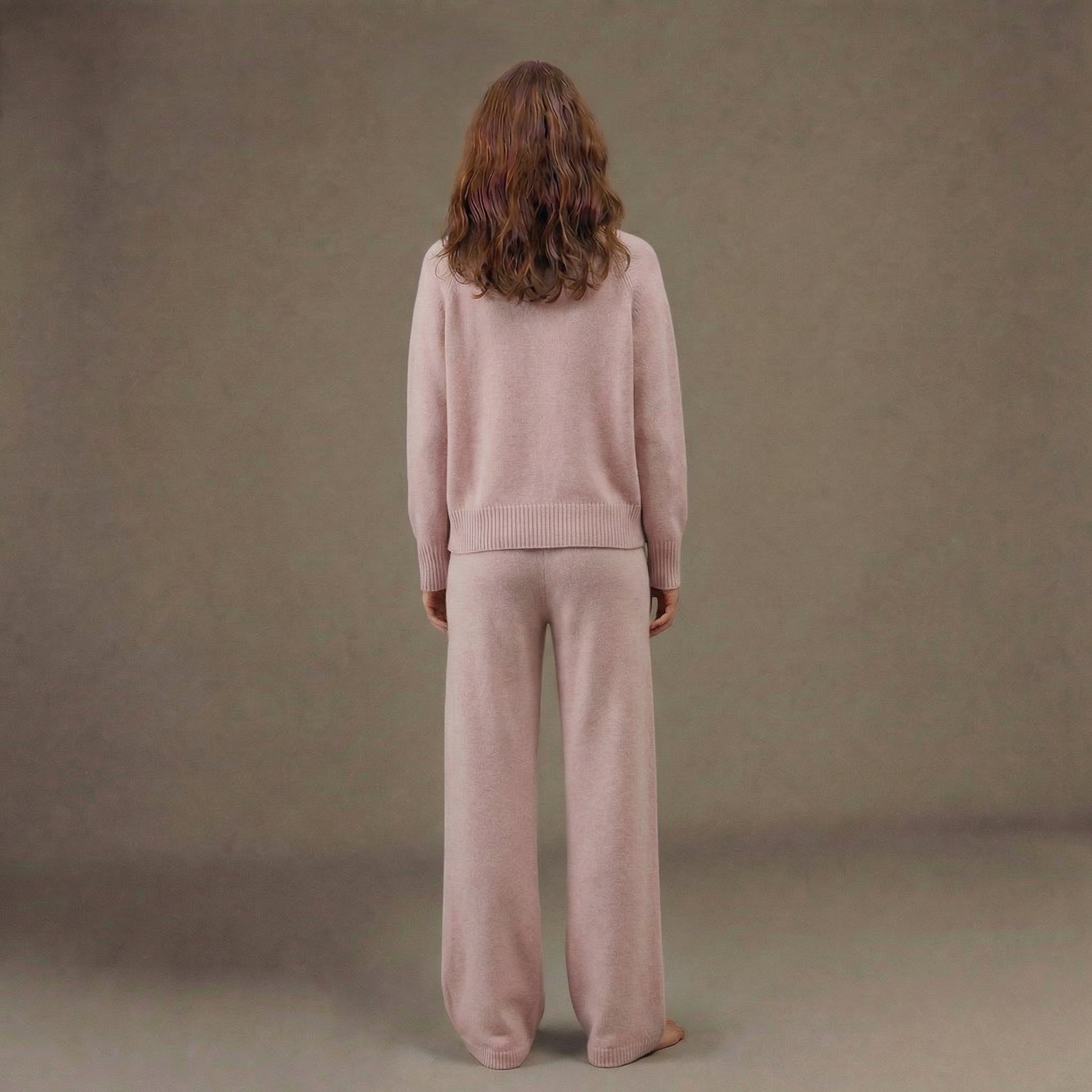 Women’s Soft Pink Turtleneck Lounge Set – Relaxed Sweater & Wide-Leg Trousers