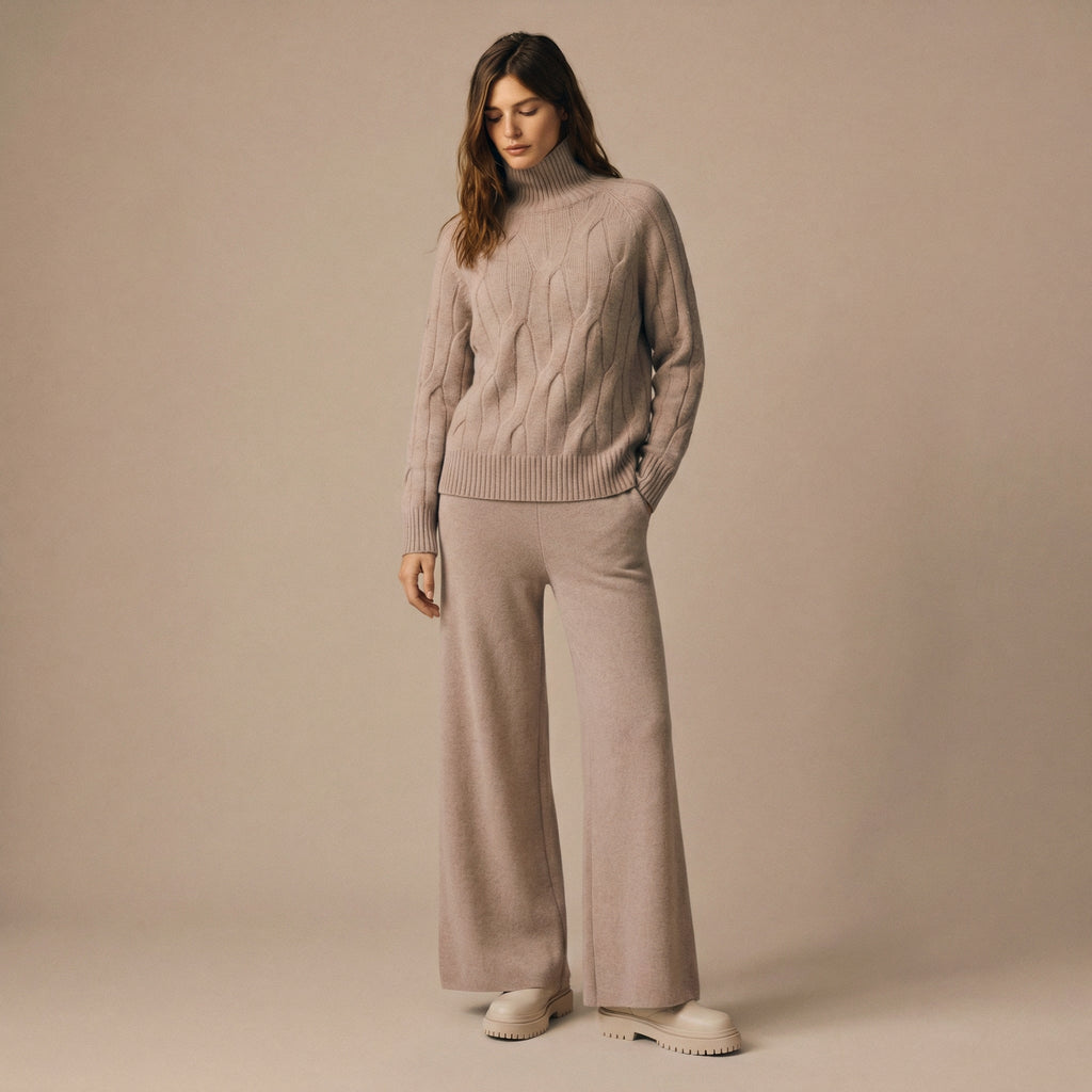 Women’s Textured Knit Co-Ord Set – Cable Sweater & Tailored Trousers
