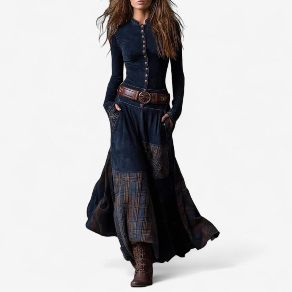 Adele Anceau | Women's Patchwork Plaid Button-Up Long Sleeve Maxi Dress