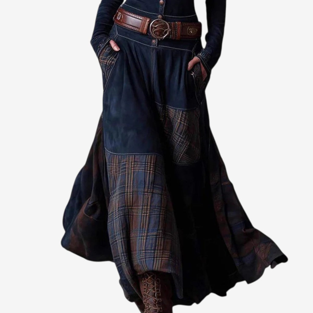 Adele Anceau | Women's Patchwork Plaid Button-Up Long Sleeve Maxi Dress