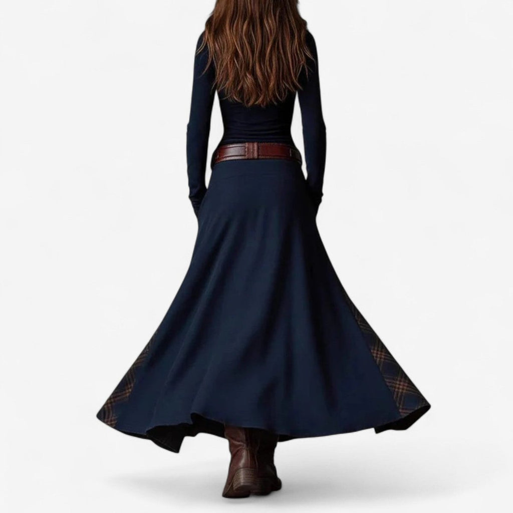 Adele Anceau | Women's Patchwork Plaid Button-Up Long Sleeve Maxi Dress