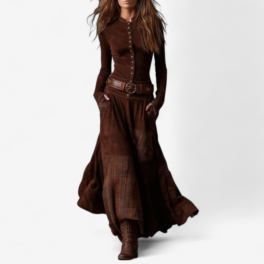 Adele Anceau | Women's Patchwork Plaid Button-Up Long Sleeve Maxi Dress