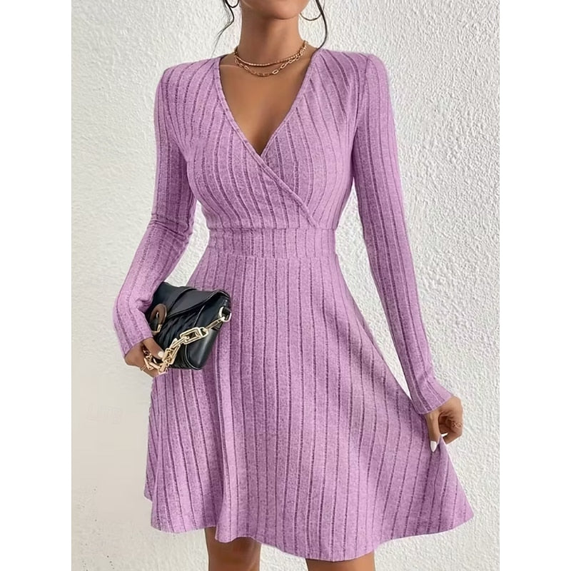 Aurore Barrey | Women's Wrap Neck A-Line Long Sleeve Mini Dress