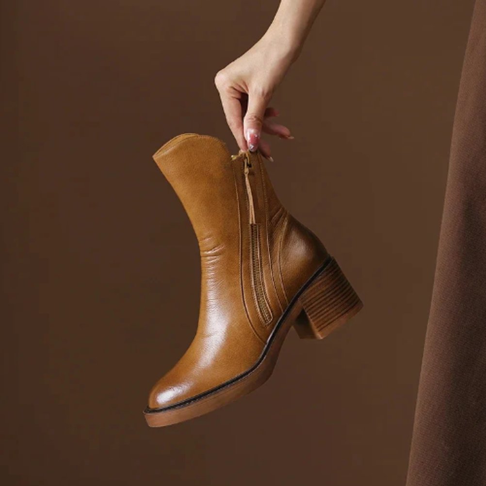 Iris Brissac | Women's Block Heel Side Zip Leather Ankle Boots