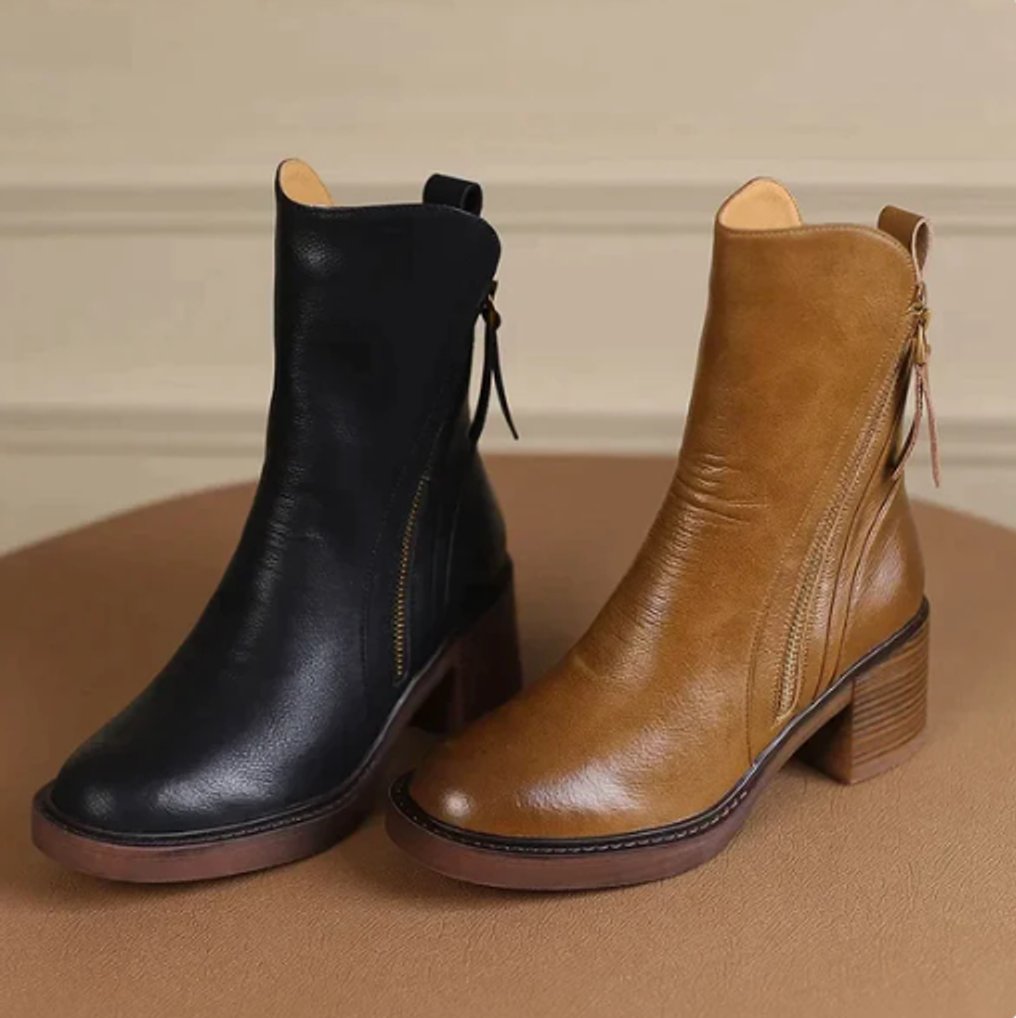 Iris Brissac | Women's Block Heel Side Zip Leather Ankle Boots