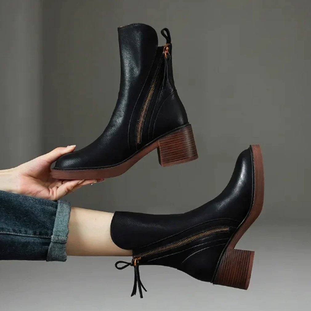 Iris Brissac | Women's Block Heel Side Zip Leather Ankle Boots