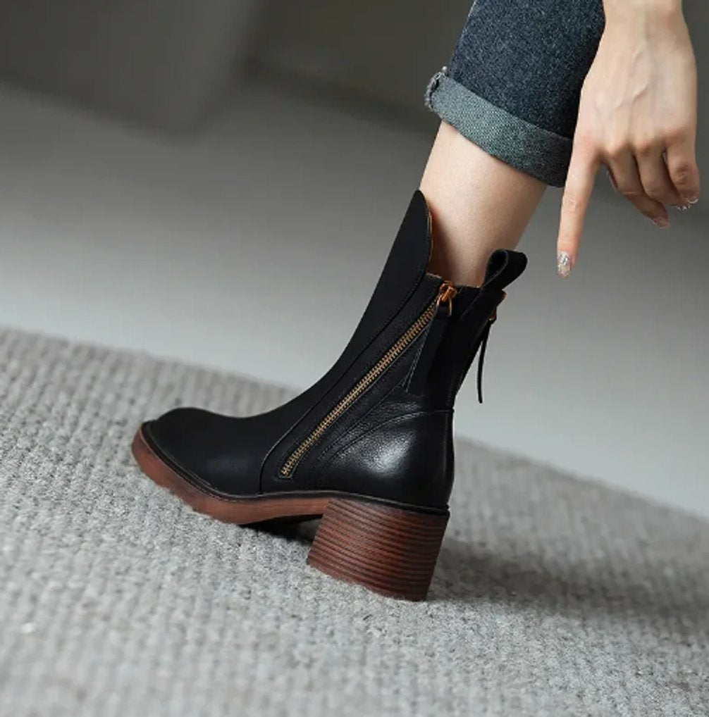 Iris Brissac | Women's Block Heel Side Zip Leather Ankle Boots