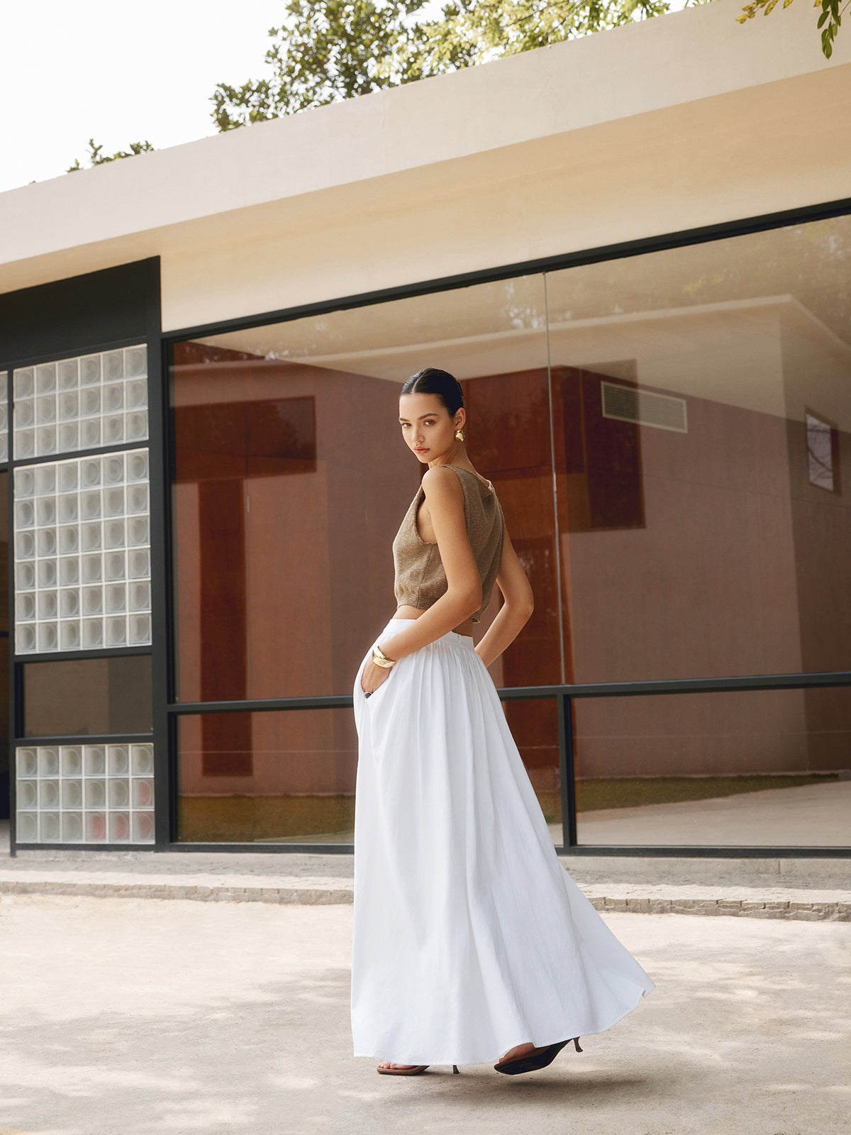 Suzon Pic | Women's Boho High Waist Pleated A-Line Maxi Skirt Set