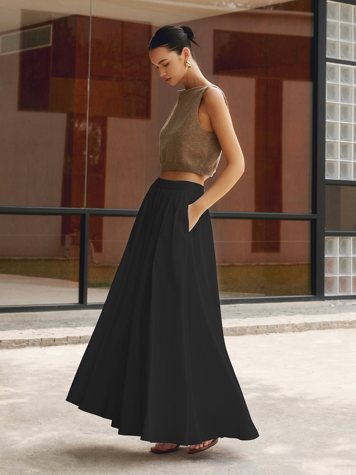Suzon Pic | Women's Boho High Waist Pleated A-Line Maxi Skirt Set