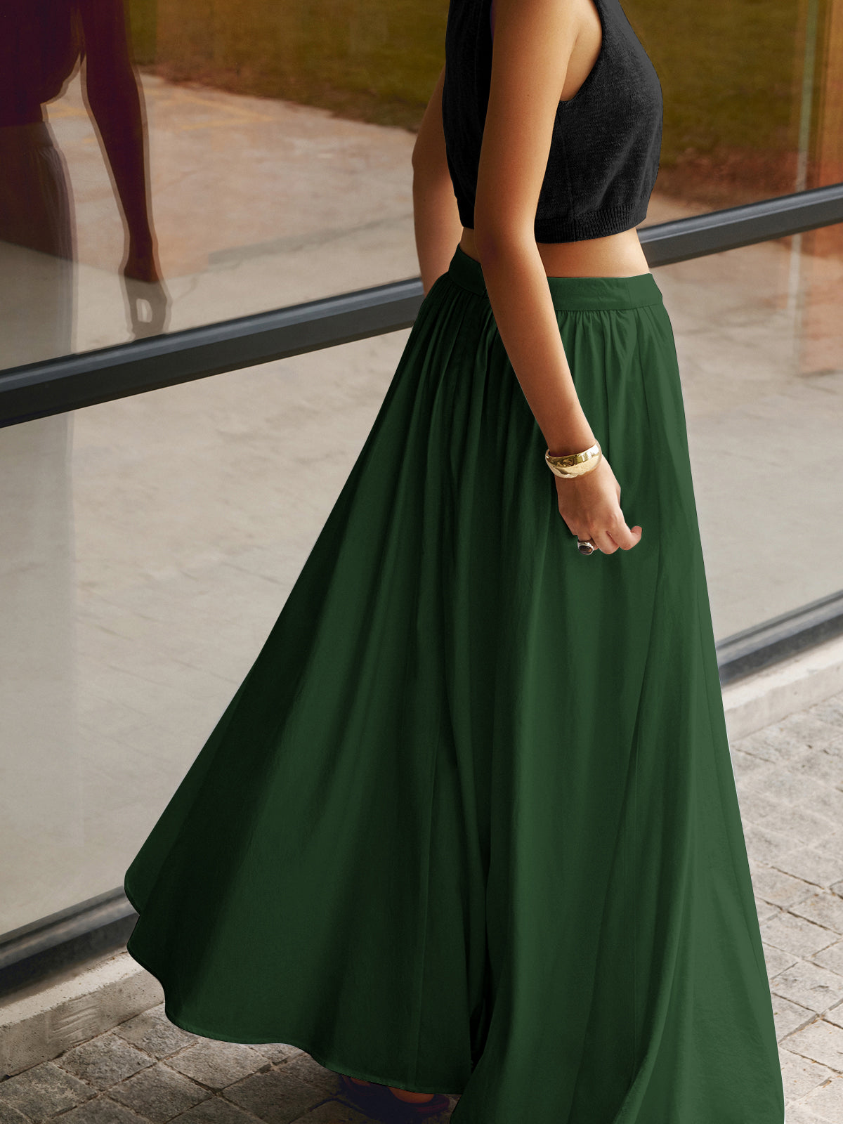 Suzon Pic | Women's Boho High Waist Pleated A-Line Maxi Skirt Set