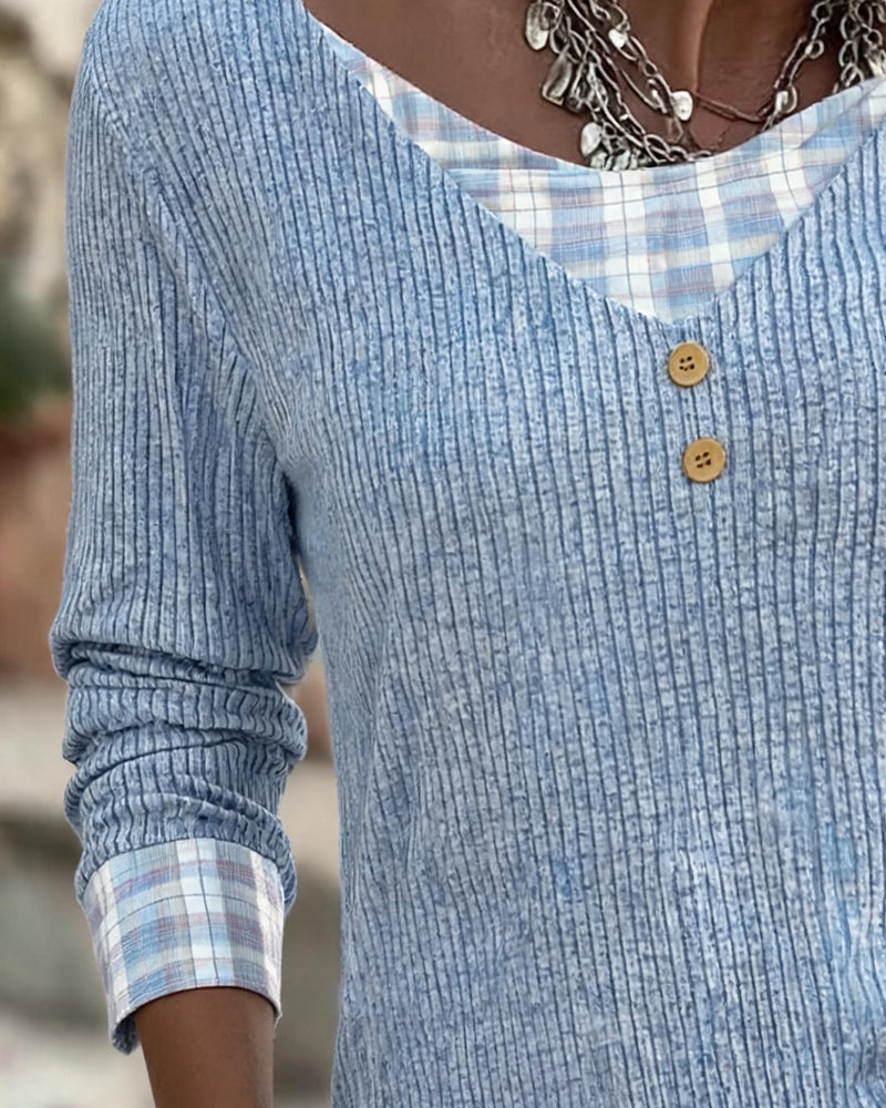Brigitte Mireau | Women's Blue Ribbed Plaid Patchwork Long-Sleeve Blouse
