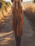 Ines Rochet | Women's Brown Suede Fringe Vest Jumpsuit With Zip Up Front