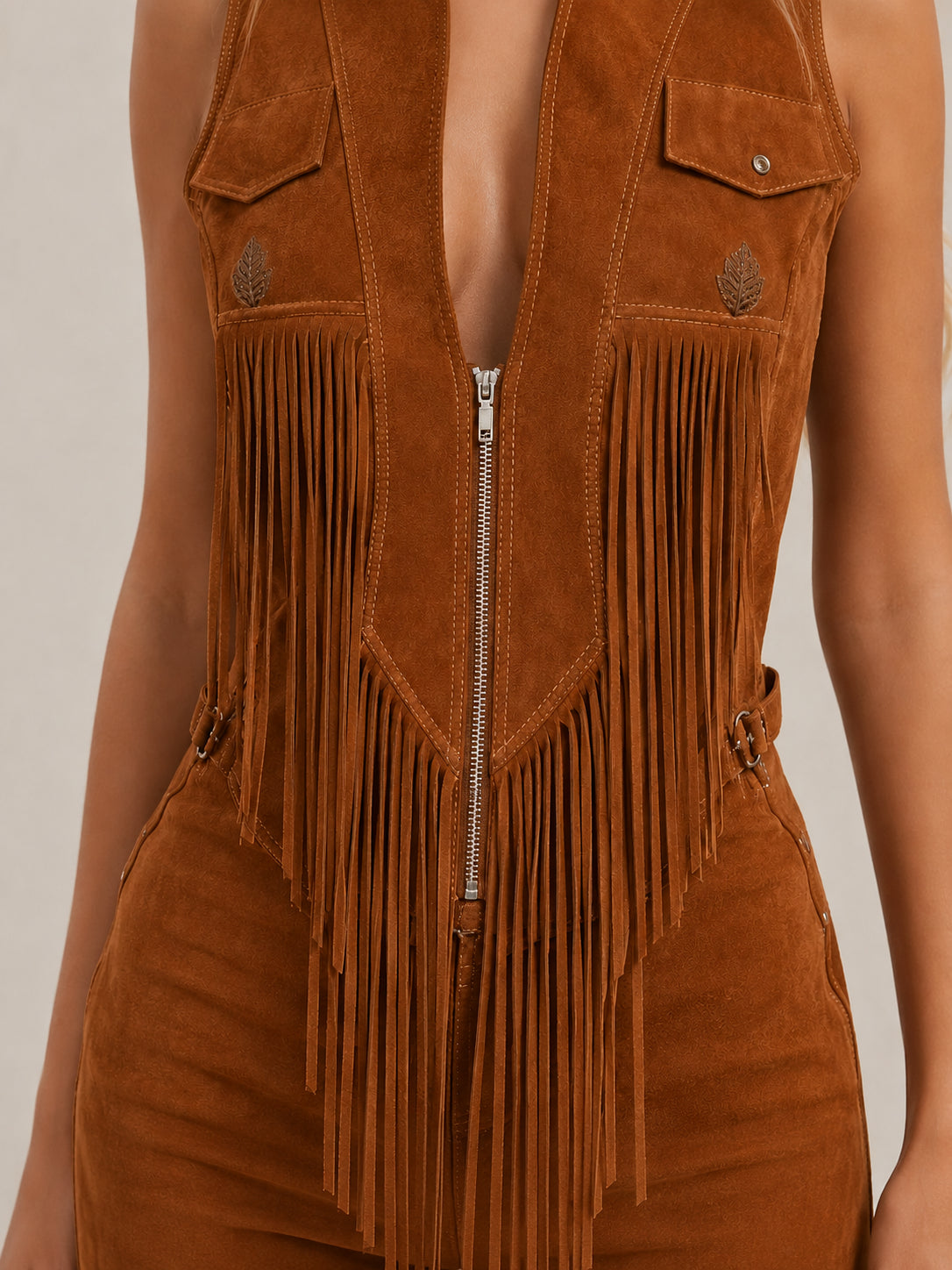 Ines Rochet | Women's Brown Suede Fringe Vest Jumpsuit With Zip Up Front