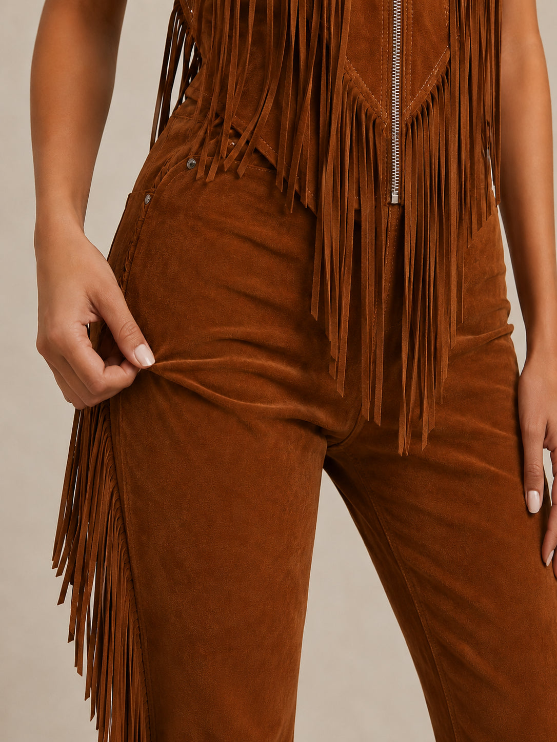 Ines Rochet | Women's Brown Suede Fringe Vest Jumpsuit With Zip Up Front