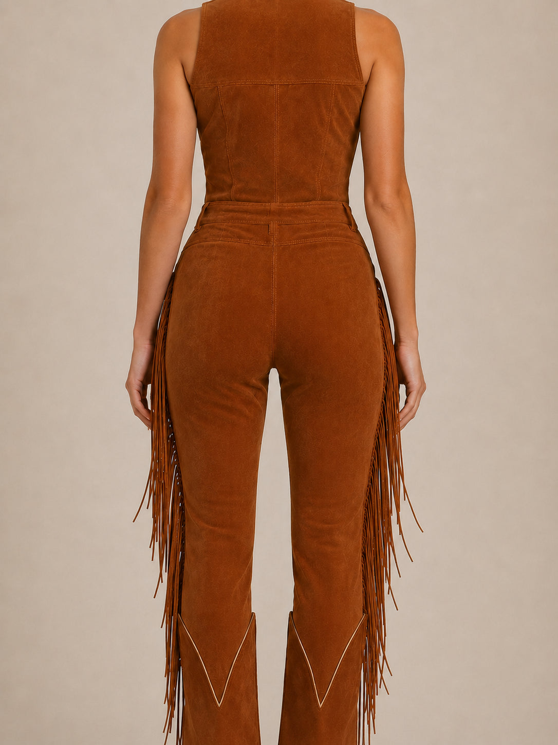 Ines Rochet | Women's Brown Suede Fringe Vest Jumpsuit With Zip Up Front