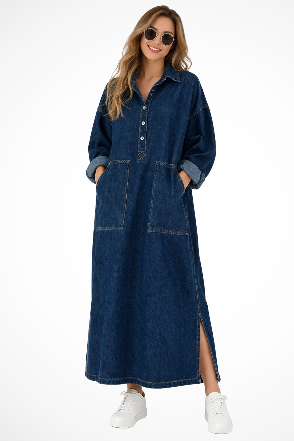 Chantal Bonnel | Women's Long Sleeve Collared Denim Maxi Dress with Pockets