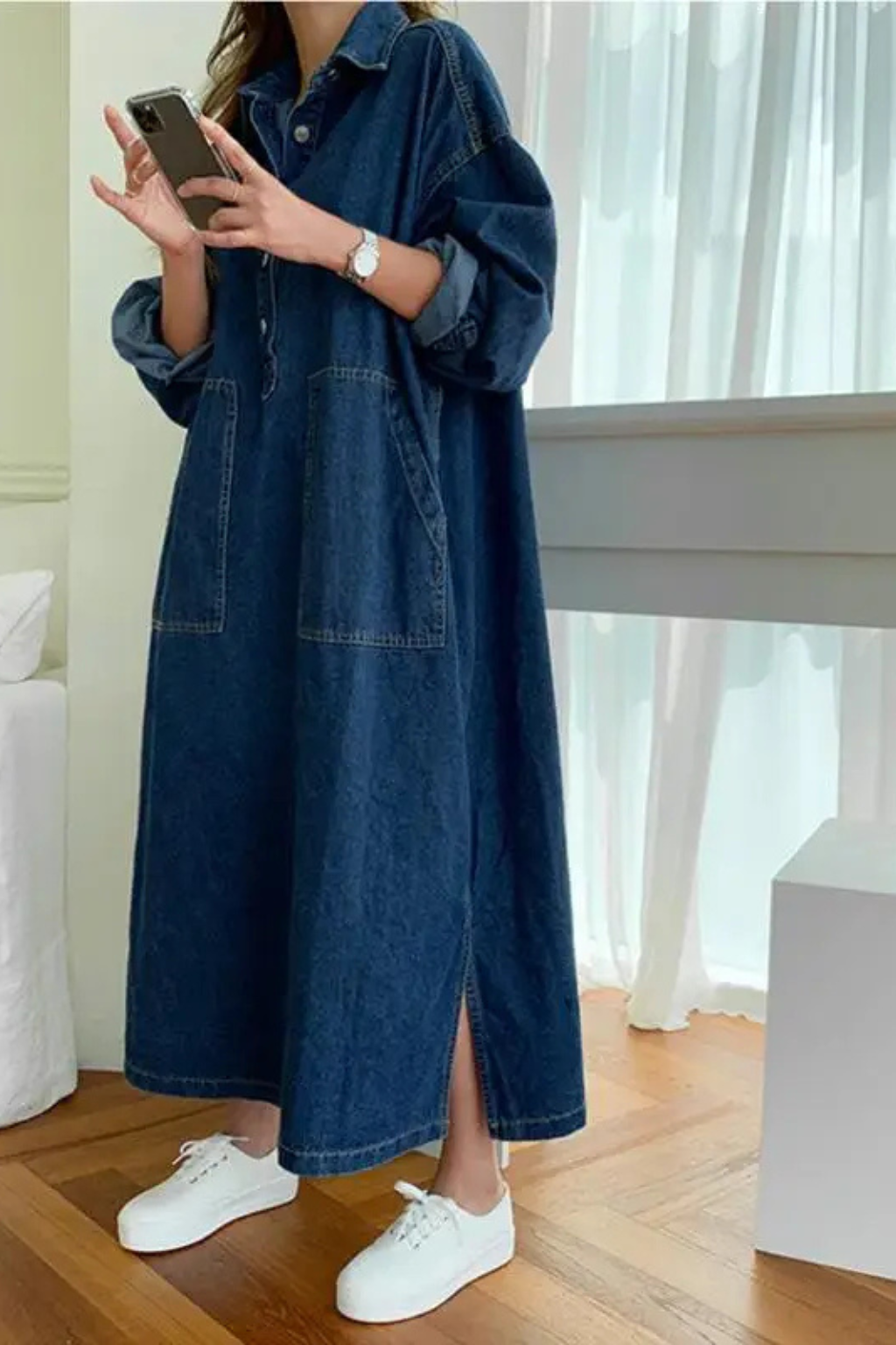 Chantal Bonnel | Women's Long Sleeve Collared Denim Maxi Dress with Pockets