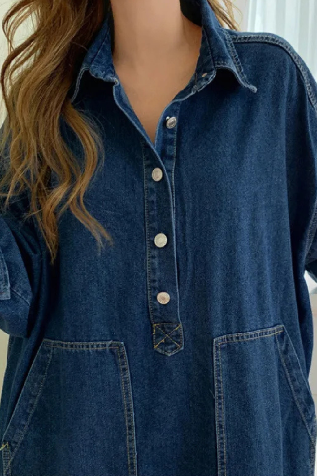 Chantal Bonnel | Women's Long Sleeve Collared Denim Maxi Dress with Pockets
