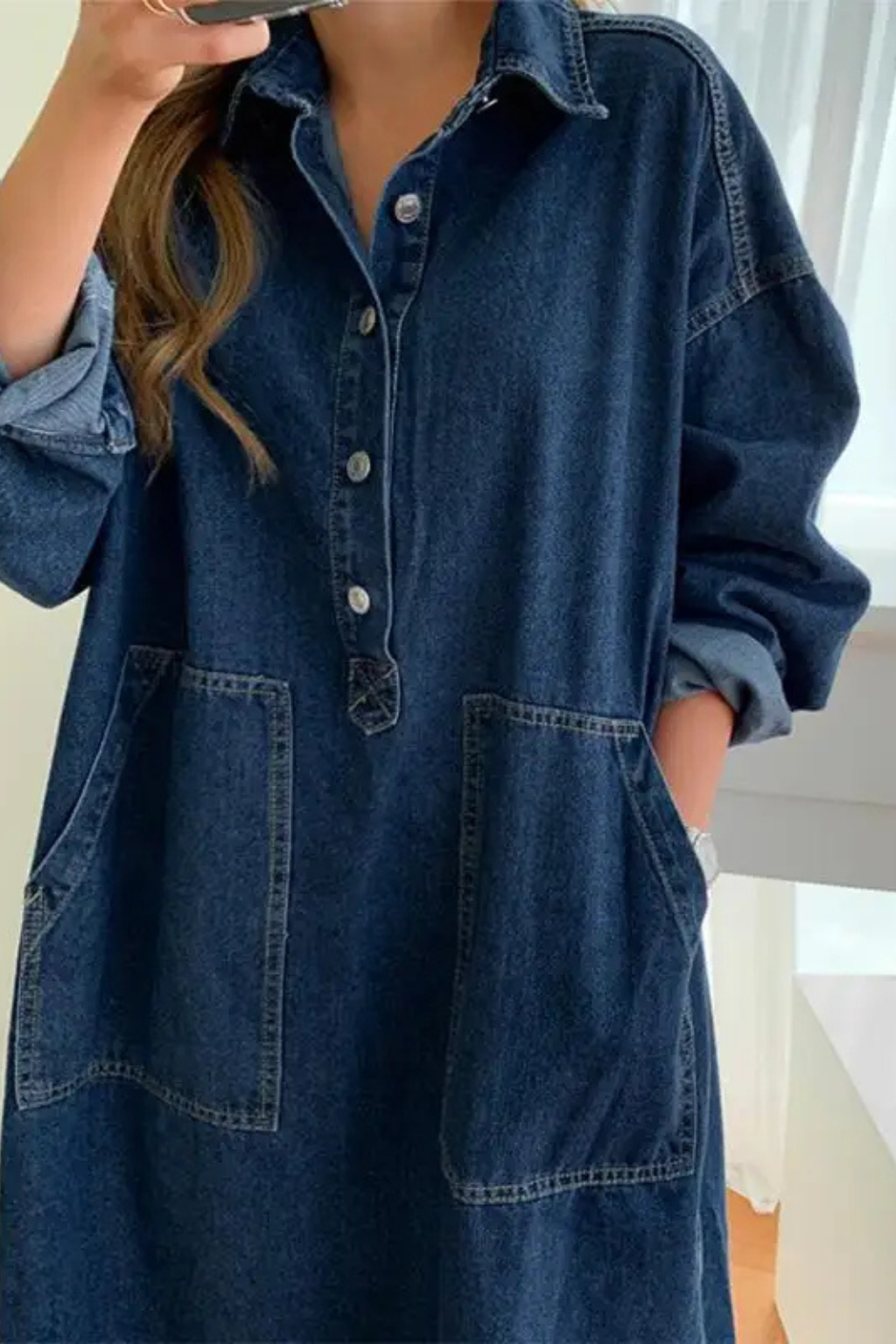 Chantal Bonnel | Women's Long Sleeve Collared Denim Maxi Dress with Pockets