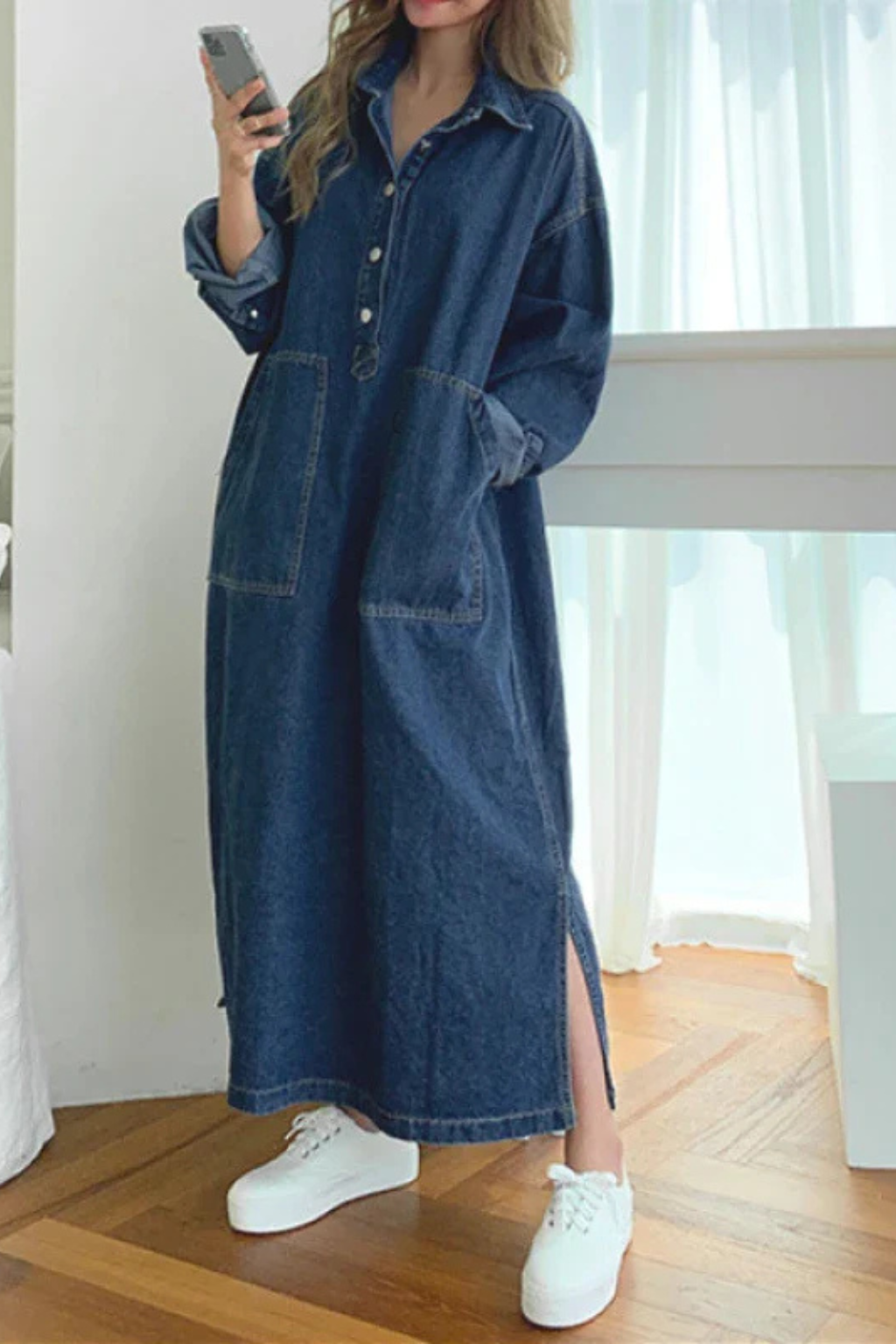 Chantal Bonnel | Women's Long Sleeve Collared Denim Maxi Dress with Pockets