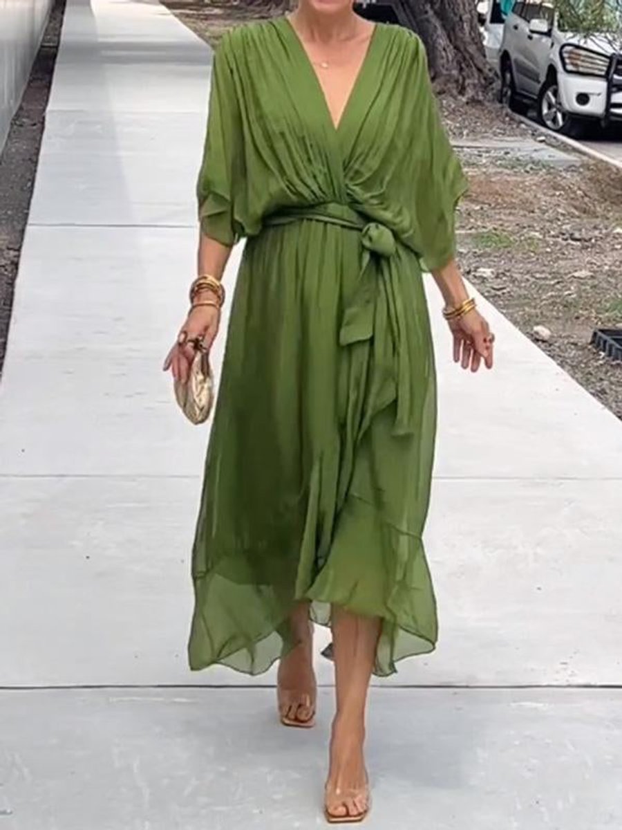 Apolline Pron | Women's Chiffon V Neck Belted Midi Cocktail Party Dress