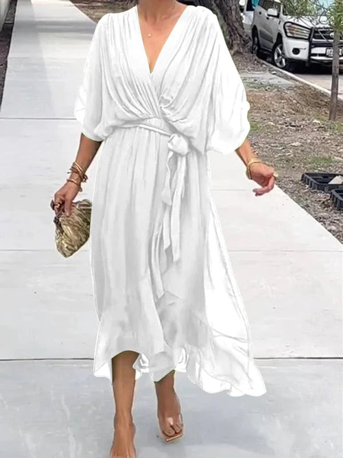 Apolline Pron | Women's Chiffon V Neck Belted Midi Cocktail Party Dress