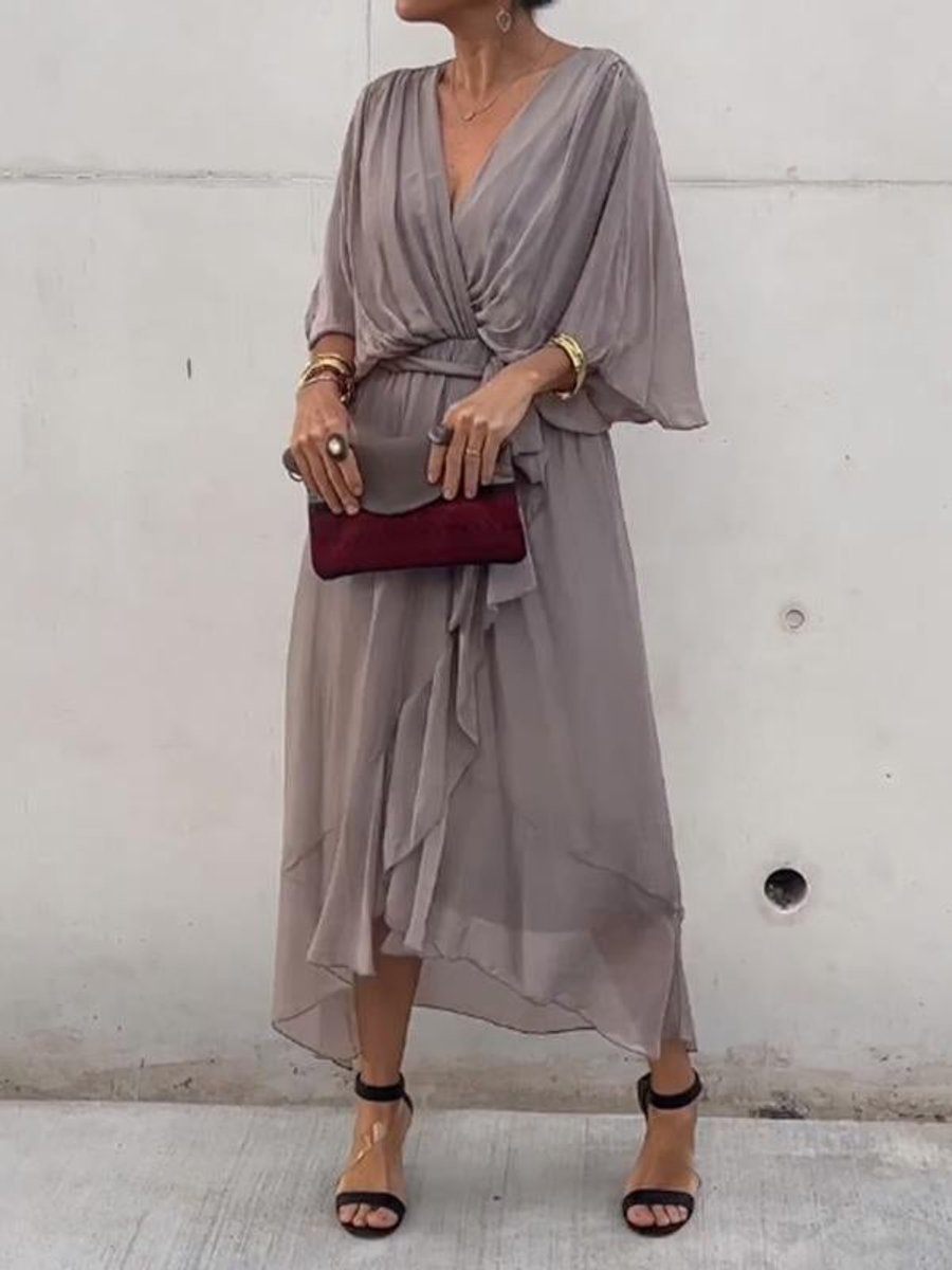 Apolline Pron | Women's Chiffon V Neck Belted Midi Cocktail Party Dress