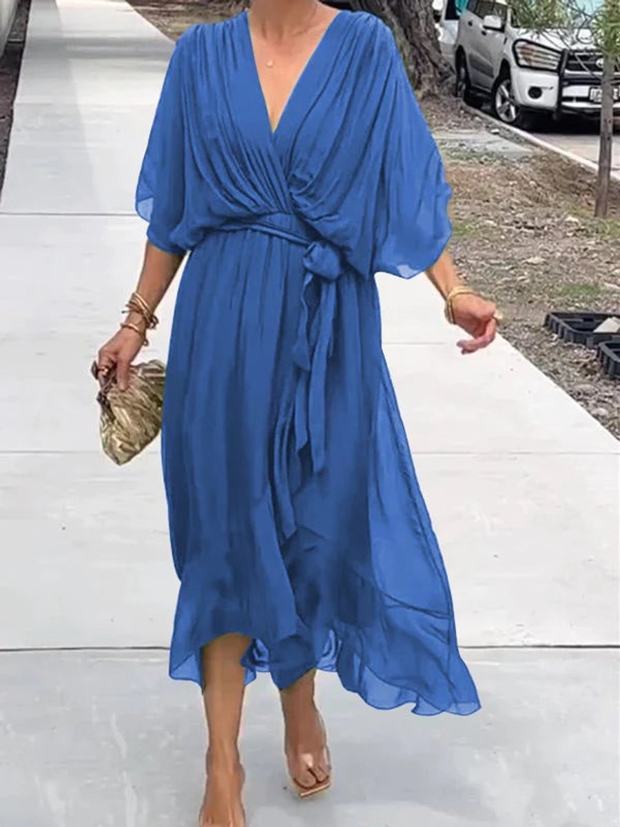 Apolline Pron | Women's Chiffon V Neck Belted Midi Cocktail Party Dress