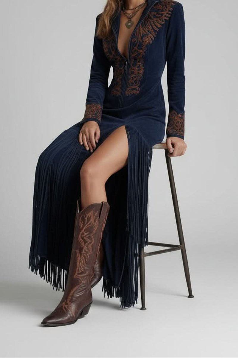 Colette Bral | Women's Western Fringe Long-Sleeve Embroidered Maxi Evening Dress