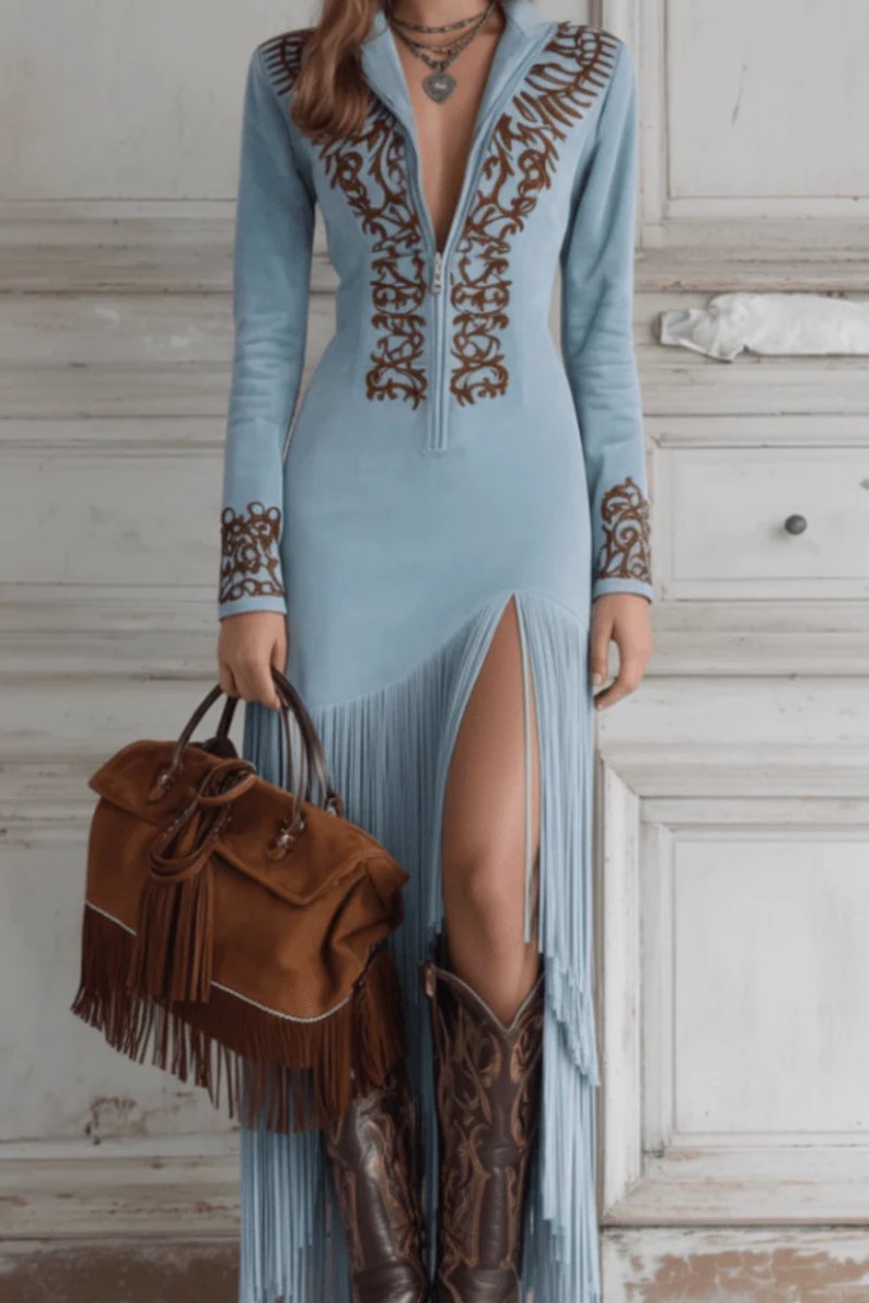 Colette Bral | Women's Western Fringe Long-Sleeve Embroidered Maxi Evening Dress