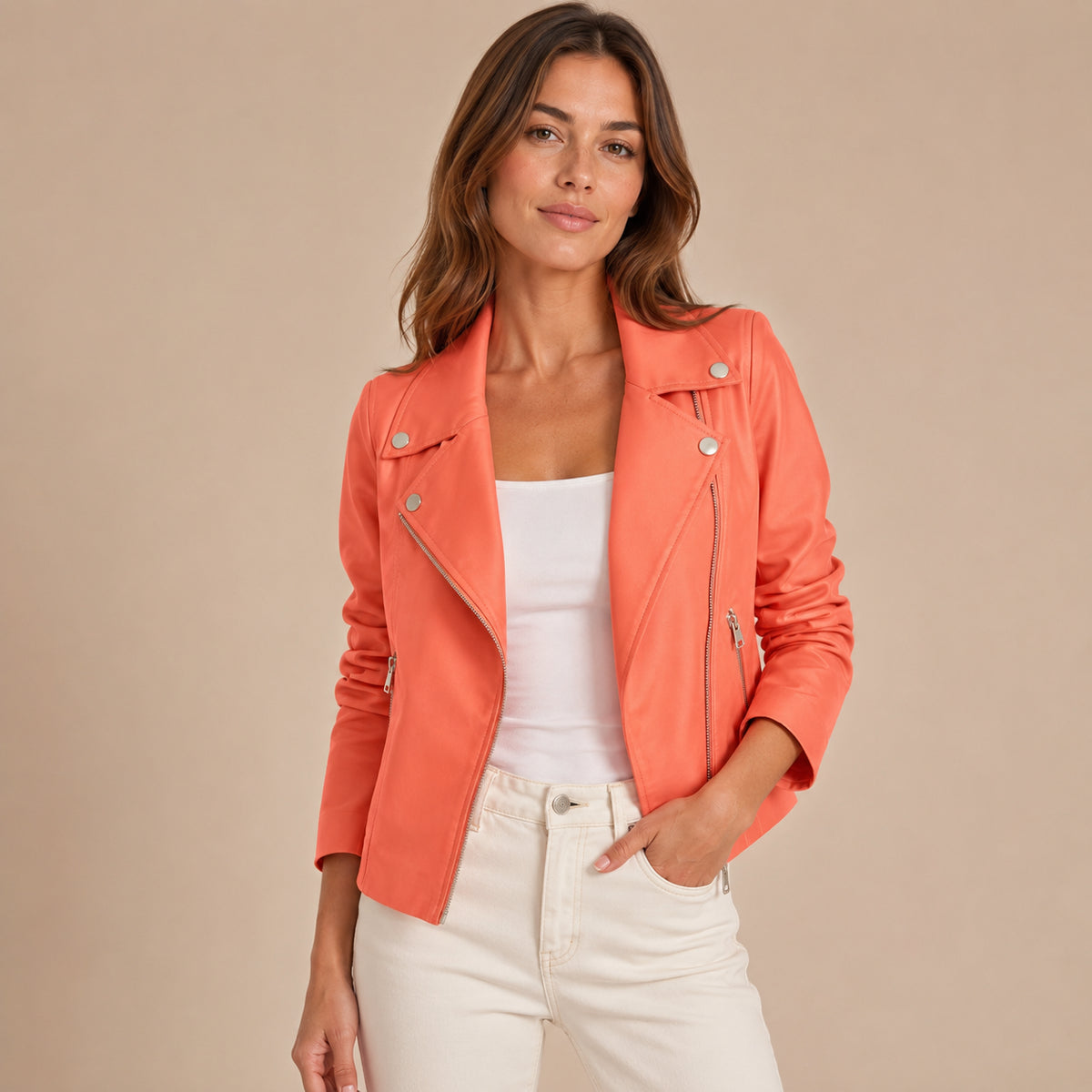 Noor Cain | Women's Collared Faux Leather Jacket In Bold Colour