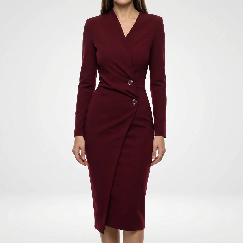 Coralie Cadet | Women's Fitted Wrap Midi Dress with Long Sleeves