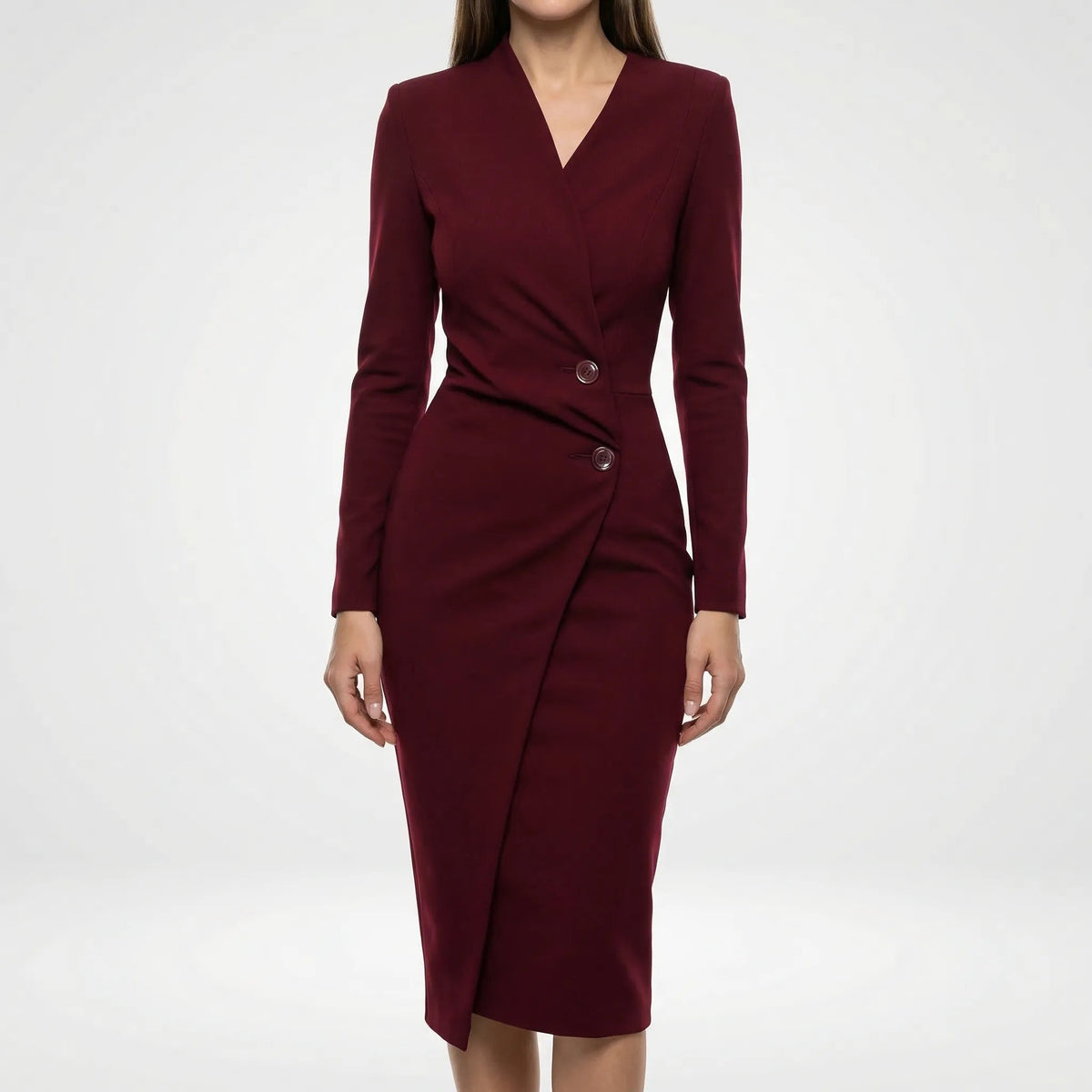 Coralie Cadet | Women's Fitted Wrap Midi Dress with Long Sleeves