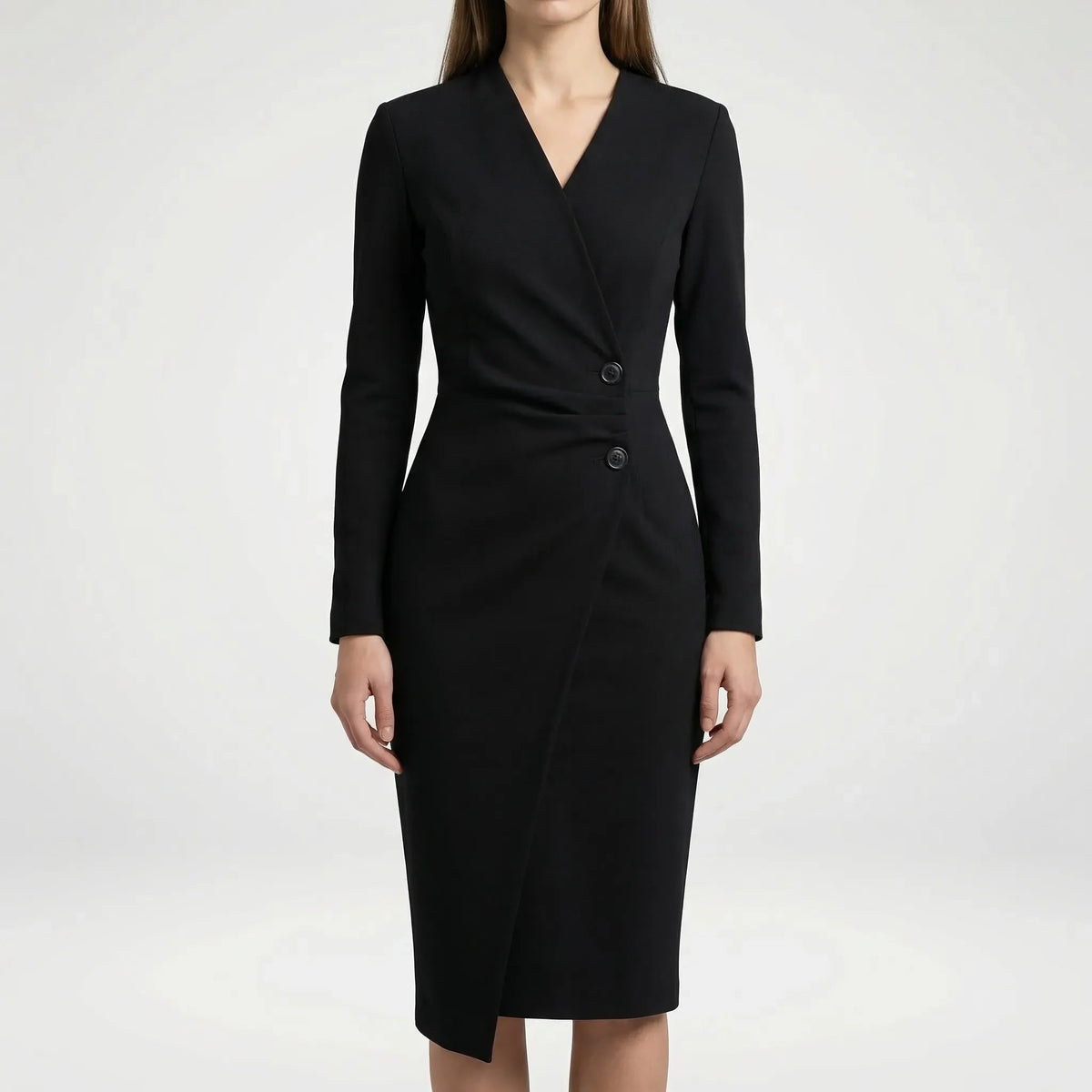 Coralie Cadet | Women's Fitted Wrap Midi Dress with Long Sleeves