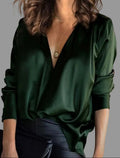 Roxane Tron | Women's Deep V Neck Satin Long Sleeve Draped Blouse