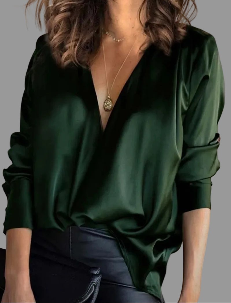 Roxane Tron | Women's Deep V Neck Satin Long Sleeve Draped Blouse
