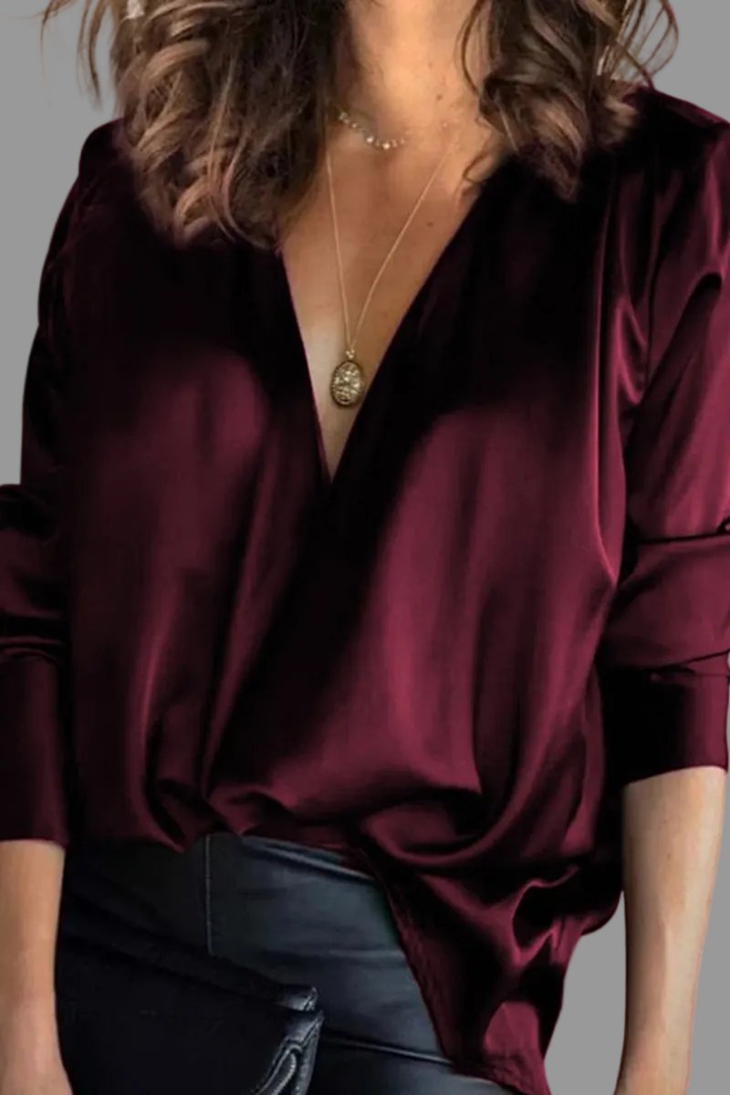 Roxane Tron | Women's Deep V Neck Satin Long Sleeve Draped Blouse