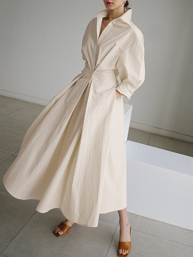 Delphine Calmet | Women's Long Sleeve Collared Wrap Style Dress