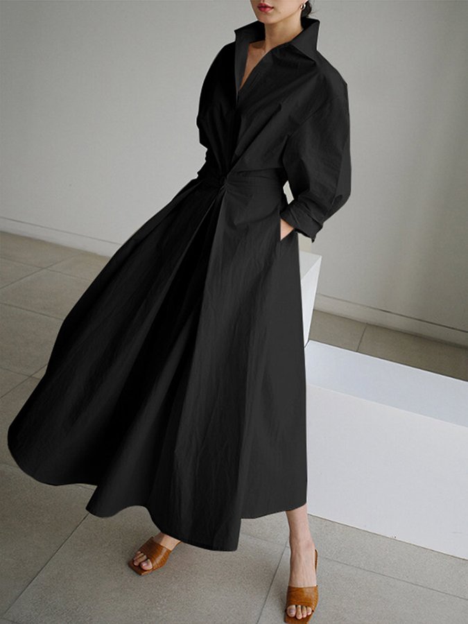 Delphine Calmet | Women's Long Sleeve Collared Wrap Style Dress