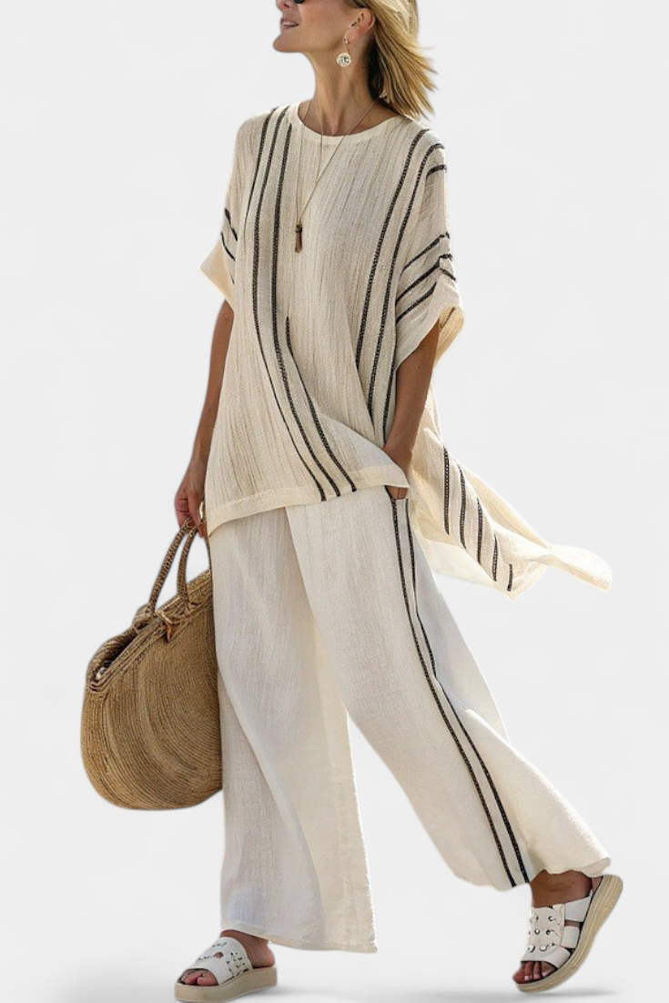 Zoé Aro | Women's Elegant Ivory Linen Blouse & Black Striped Pants