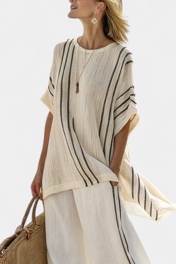 Zoé Aro | Women's Elegant Ivory Linen Blouse & Black Striped Pants