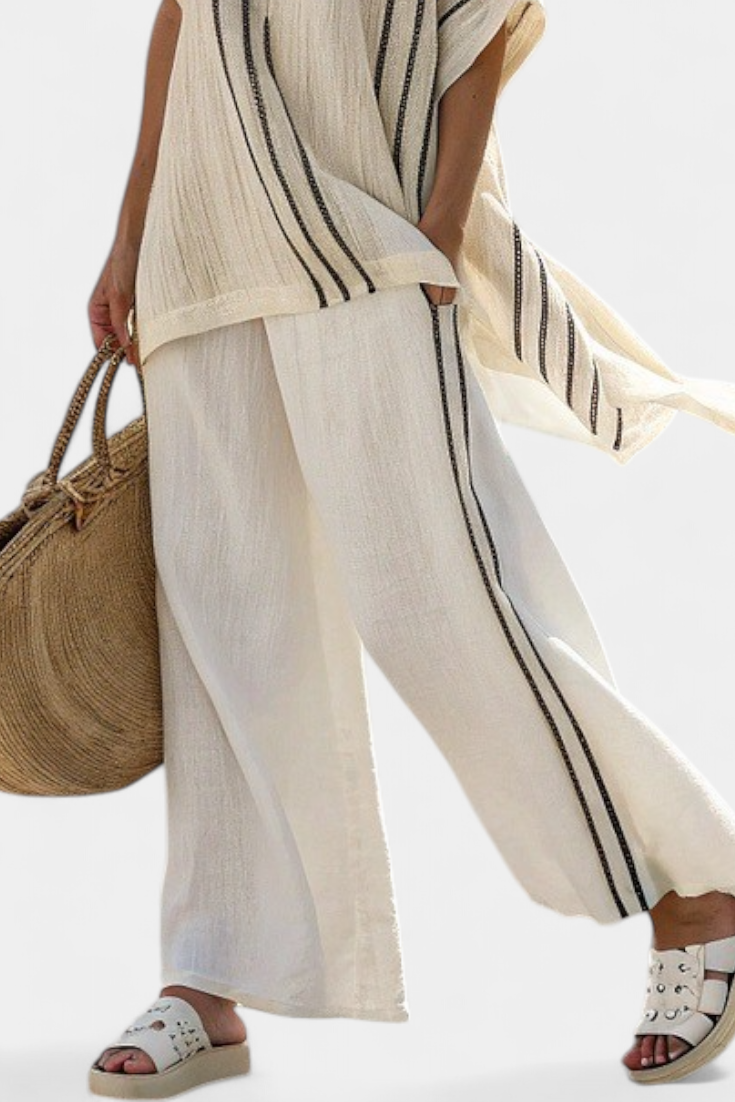 Zoé Aro | Women's Elegant Ivory Linen Blouse & Black Striped Pants