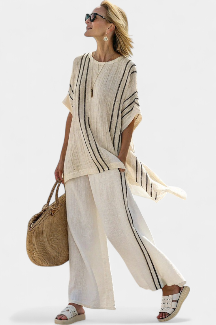 Zoé Aro | Women's Elegant Ivory Linen Blouse & Black Striped Pants