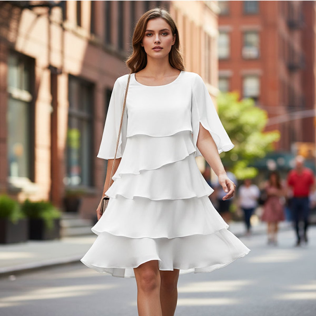 Solenne Voss | Women's Elegant Layered Ruffle Sleeve Midi Dress