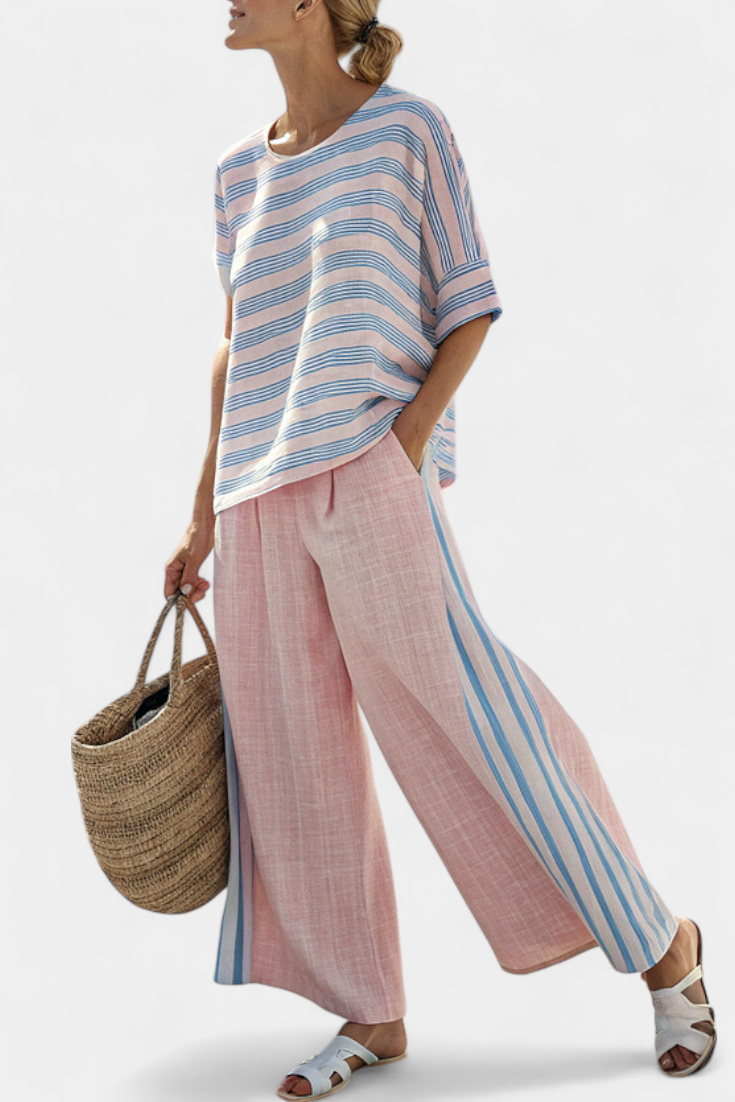 Adèle Pron | Women's Elegant Pink-Blue Linen Blouse & Soft Pants
